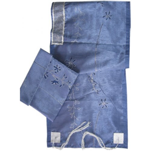 Flower Design Blue Tallit and Bag Set By Ronit Gur