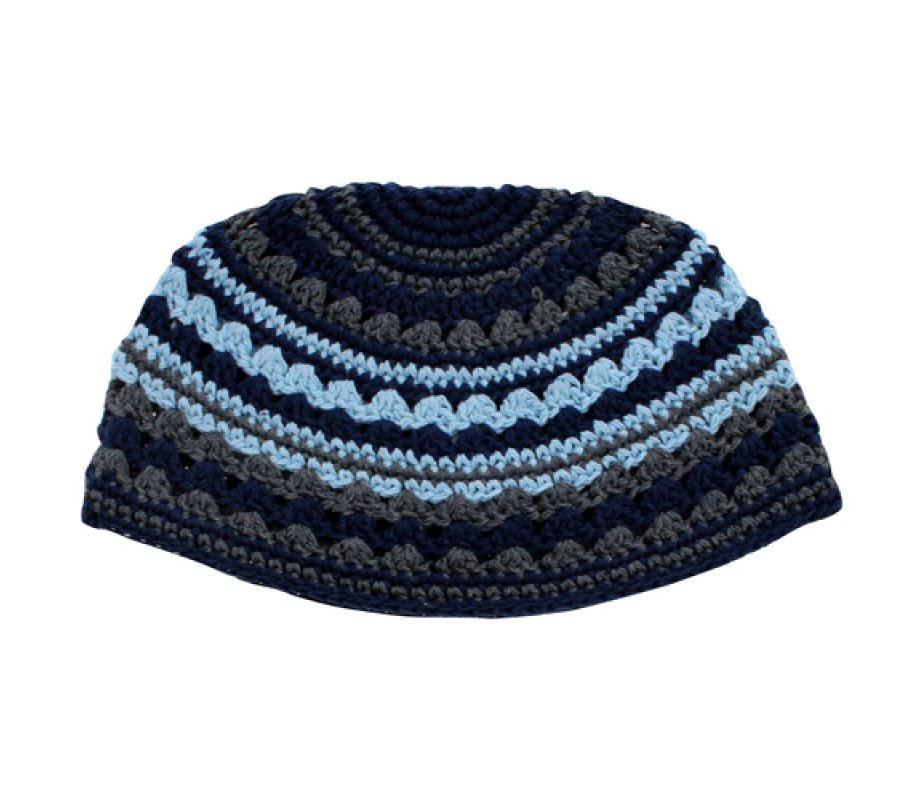 Frik Kippah – Crocheted Weave of Light Blue, Gray and Black Stripes