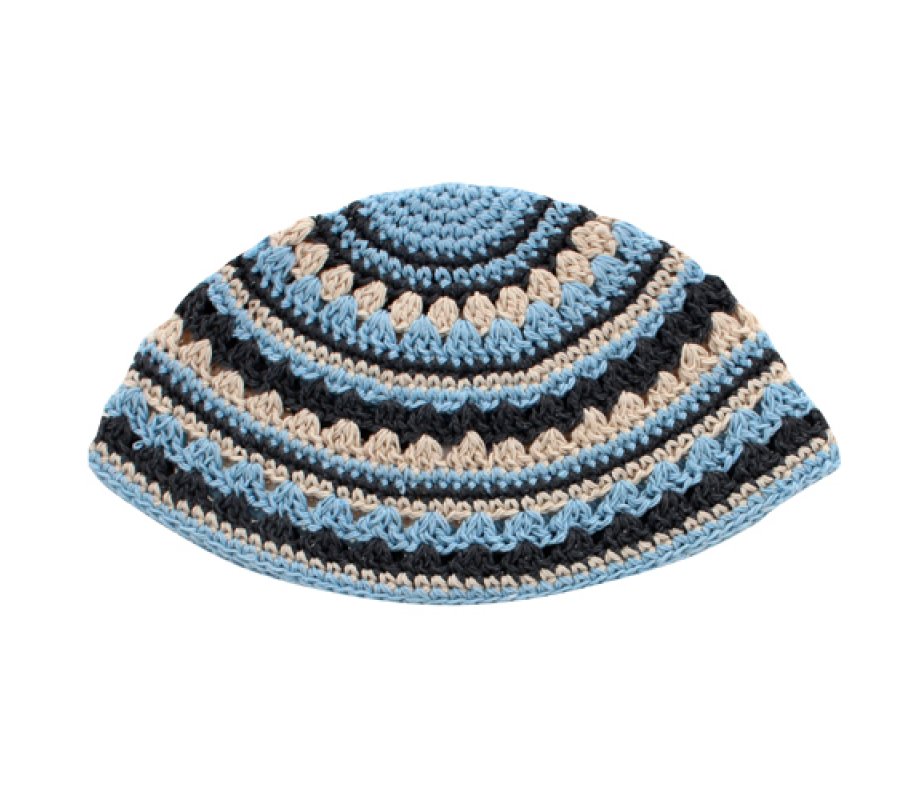 Frik Kippah – Thick Crocheted Weave of Beige, Blue and Black Stripes