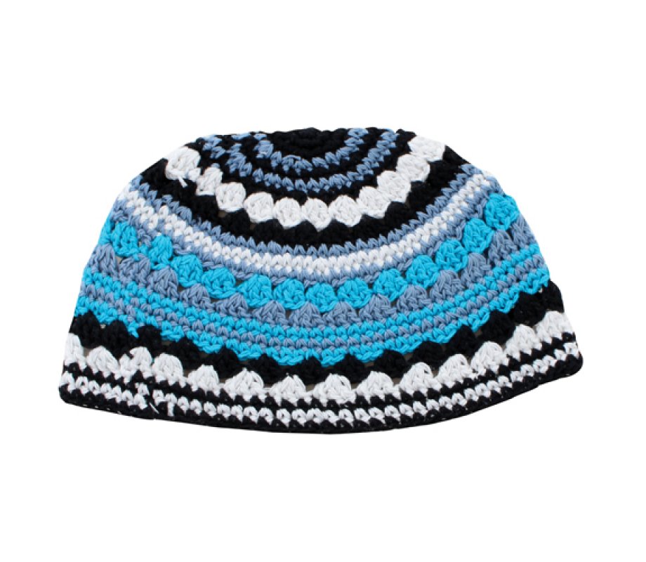 Frik Kippah – Thick Crocheted Weave of Black, White and Shades of Blue Stripes