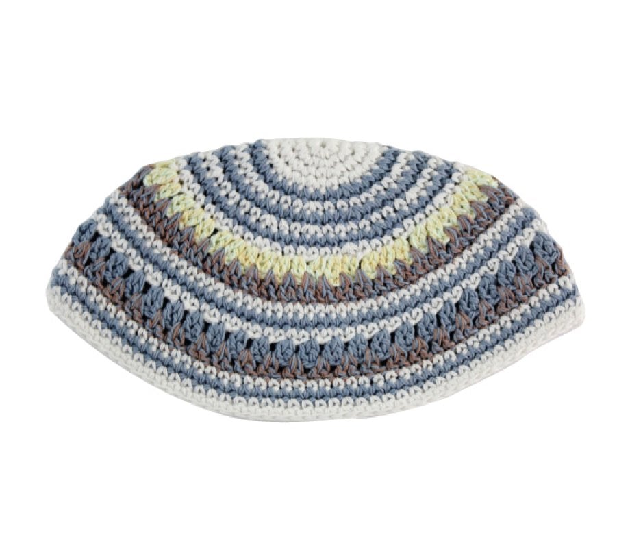 Frik Kippah – Thick Crocheted Weave of White, Blue, Gray and Yellow Stripes
