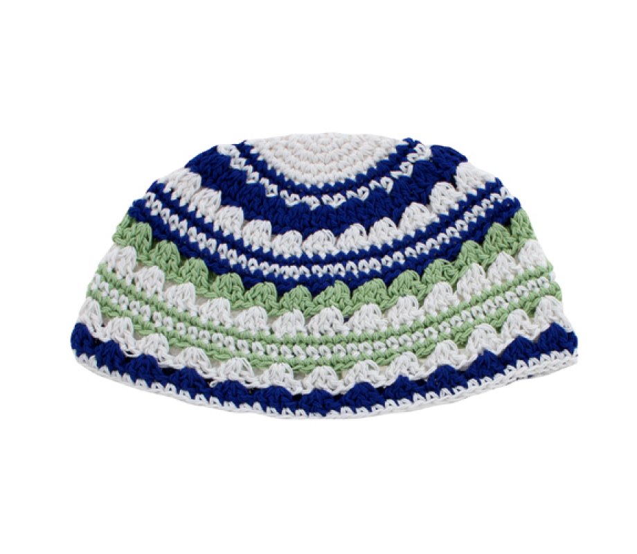 Frik Kippah – Thick Weave of Crocheted White, Blue and Green Horizontal Stripes