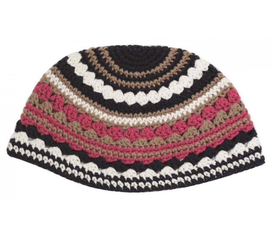 Frik Kippah with Beige, Pink, Black and White Stripes
