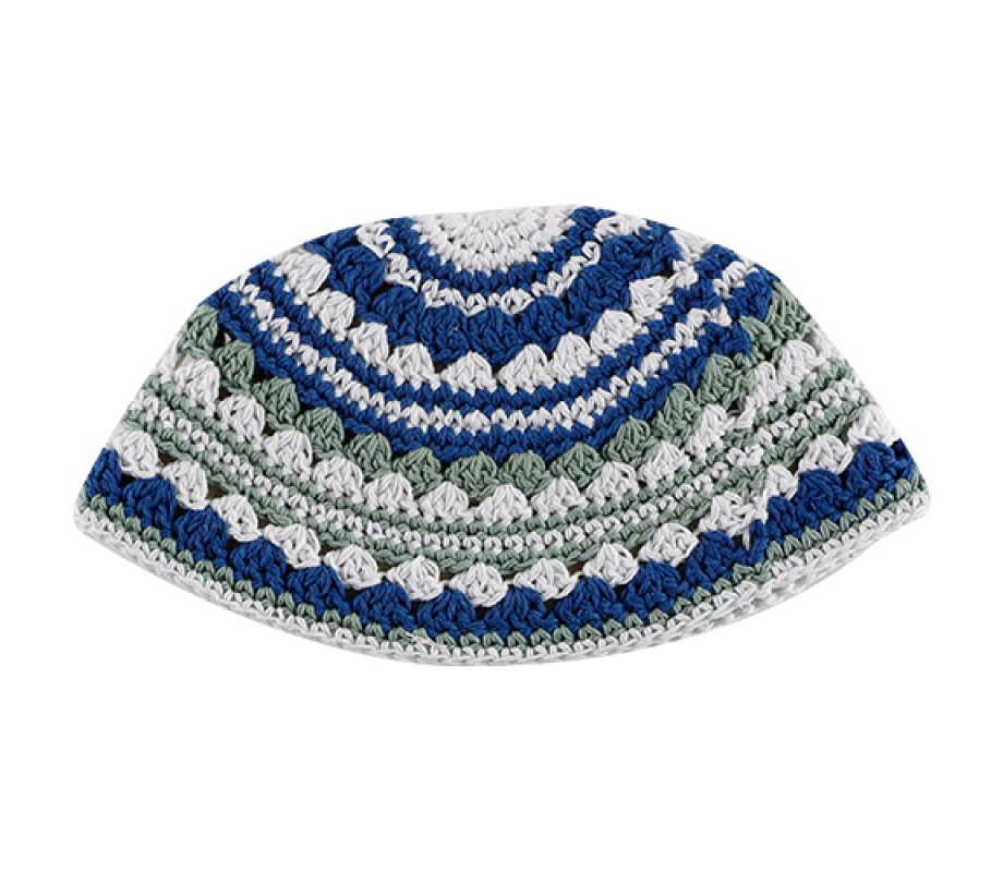 Frik Kippah with Blue, Light Green and Beige Stripes