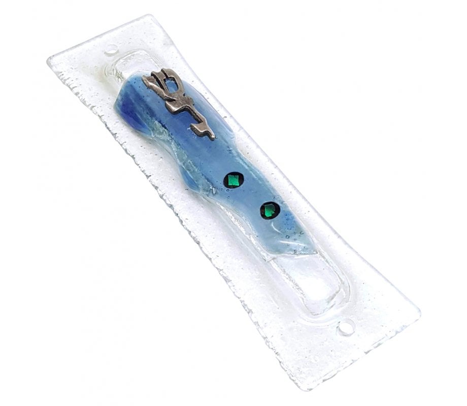 Frosted Glass Mezuzah Case, Flowing Blue and Green Design – Divine Name