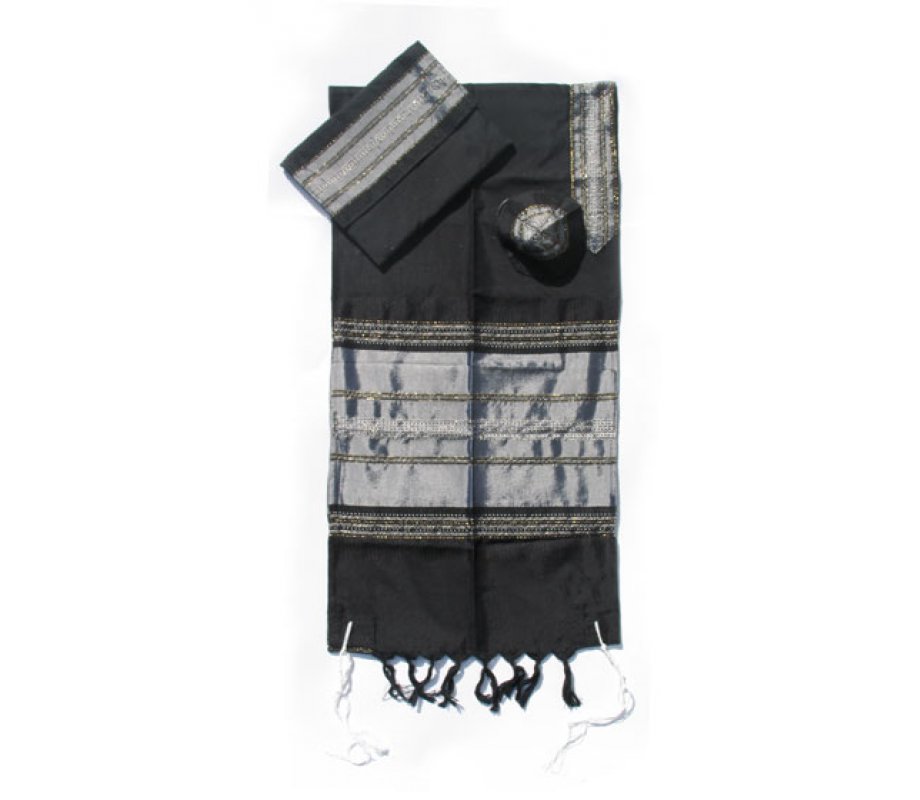 Gabrieli Handwoven Black Silk Tallit Set - Silver Stripes