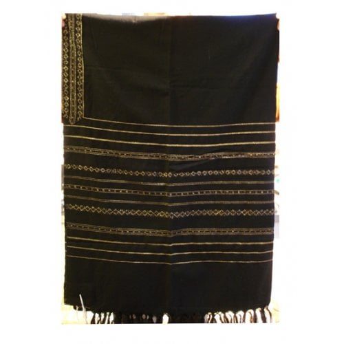 Gabrieli Handwoven Black Wool Tallit Set - Gold stripes