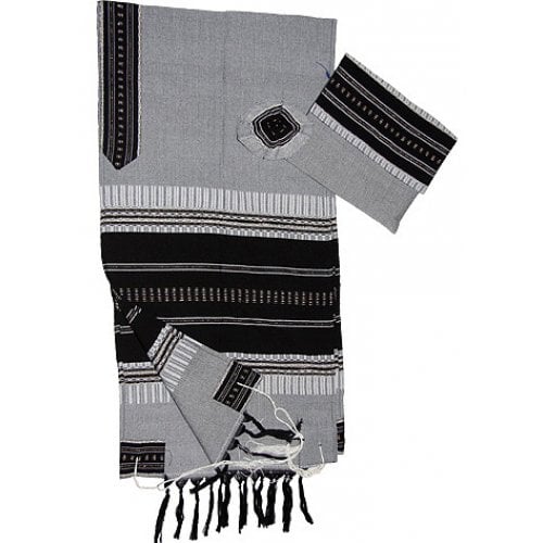 Gabrieli Handwoven Cotton Gray Tallit Set - Black and Silver Stripes
