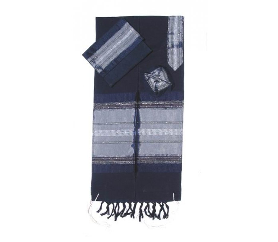 Gabrieli Handwoven Dark Blue Silk Tallit Set - Silver Stripes