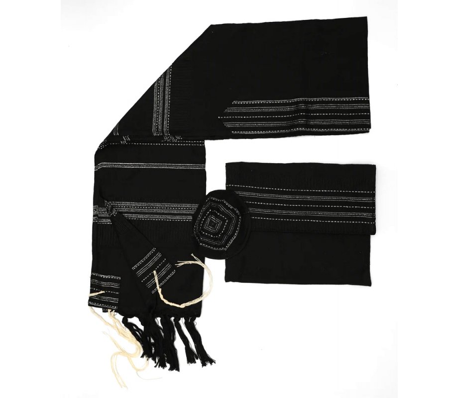Gabrieli Handwoven Elia Silk Black Tallit Set Silver Stripes
