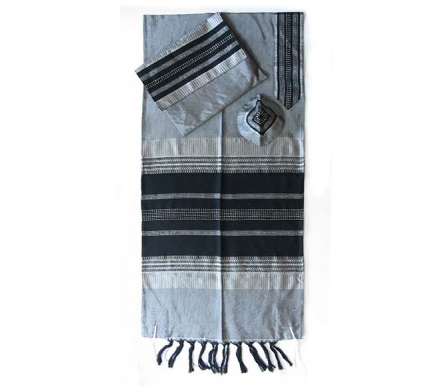 Gabrieli Handwoven Gray Silk Tallit Set - Black Stripes