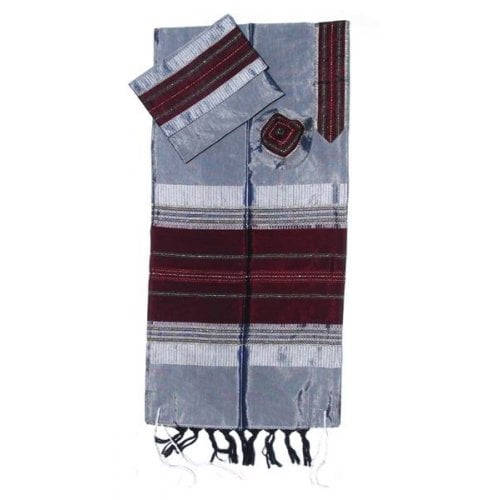 Gabrieli Handwoven Gray Silk Tallit Set - Maroon Stripes