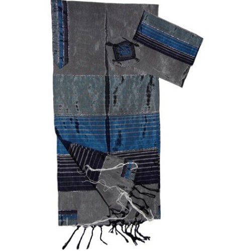 Gabrieli Handwoven Gray Silk Tallit Set - Shades of Blue Stripes