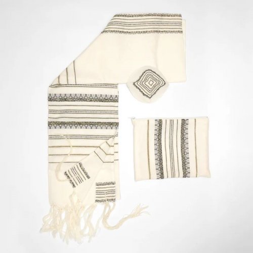 Gabrieli Handwoven Hagar Off White Wool Tallit Set - Black and Gold Stripes