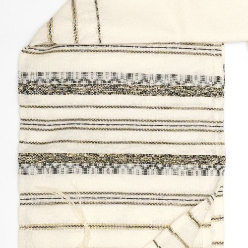 Gabrieli Handwoven Hagar Off White Wool Tallit Set - Black and Gold Stripes