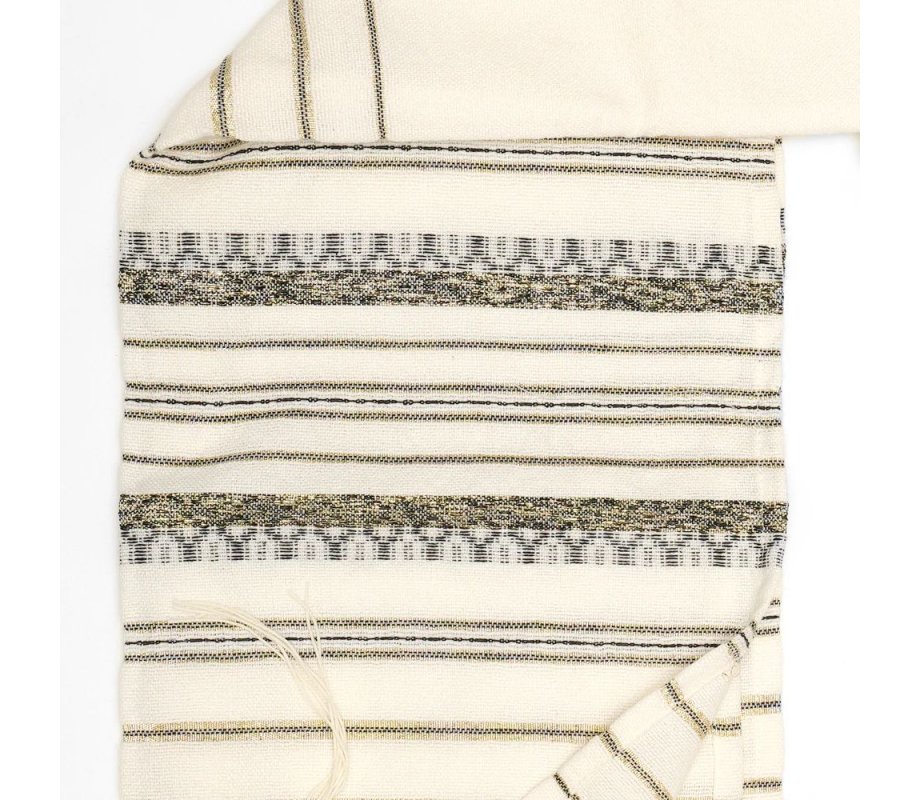 Gabrieli Handwoven Hagar Off White Wool Tallit Set Black and Gold Stripes