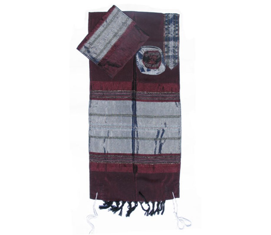Gabrieli Handwoven Maroon Silk Tallit Set - Silver Stripes