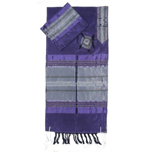 Gabrieli Handwoven Purple Silk Tallit Set - Silver Stripes