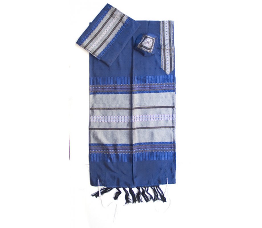 Gabrieli Handwoven Royal Blue Silk Tallit Set - Silver Stripes