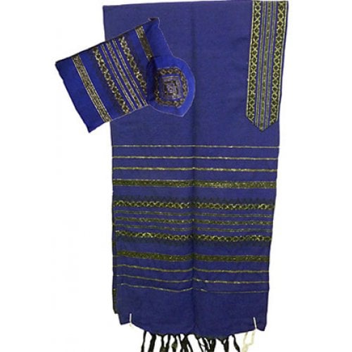 Gabrieli Handwoven Royal Blue Wool Tallit Set - Black and Gold stripes
