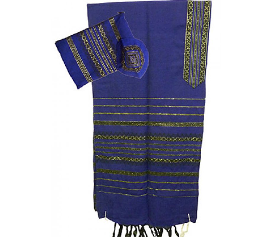 Gabrieli Handwoven Royal Blue Wool Tallit Set - Black and Gold stripes
