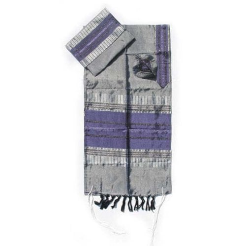 Gabrieli Handwoven Silk Tallit Set - Purple and Silver Stripes