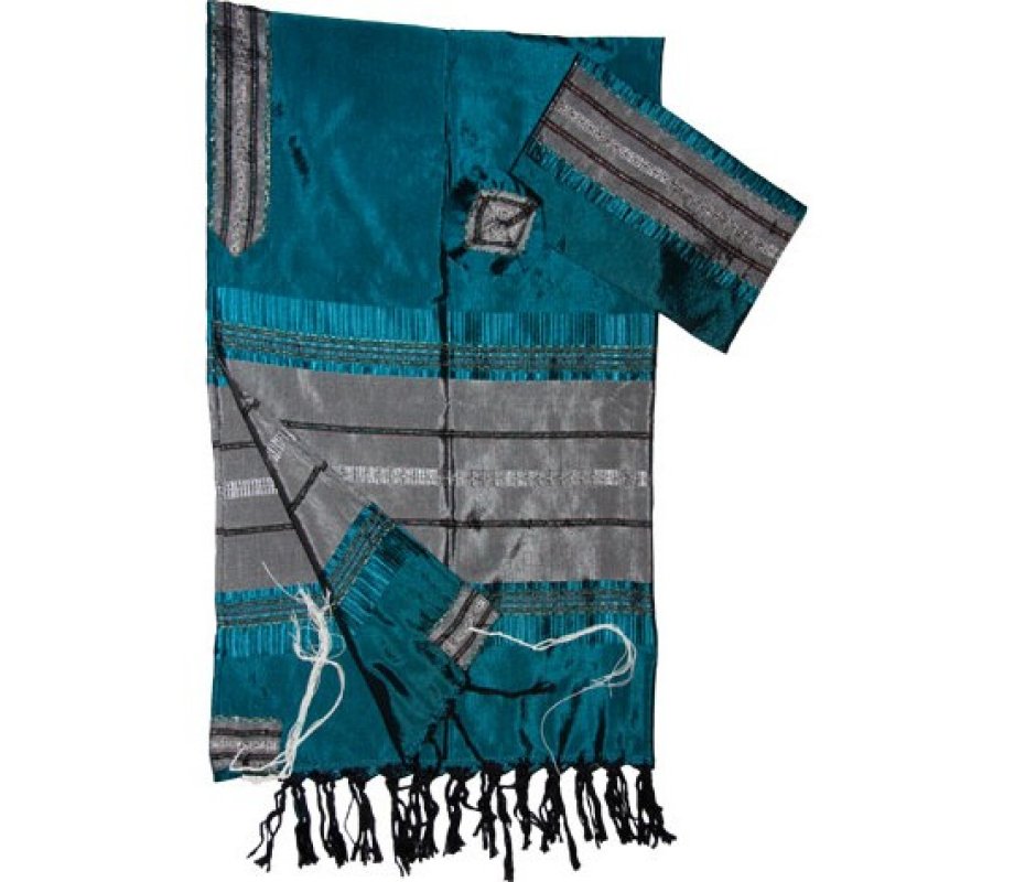 Gabrieli Handwoven Silk Teal Tallit Set - Blue and Silver Stripes