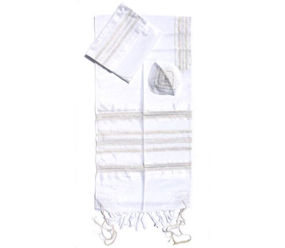 Gabrieli Handwoven White Silk Tallit Set - Gold and Silver Stripes