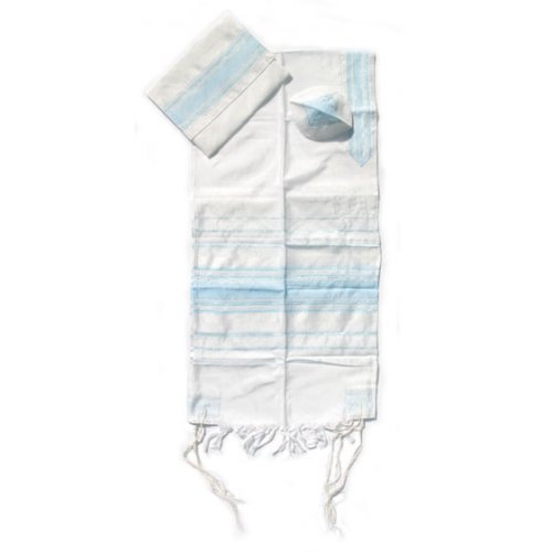 Gabrieli Handwoven White Silk Tallit Set - Light Blue Stripes