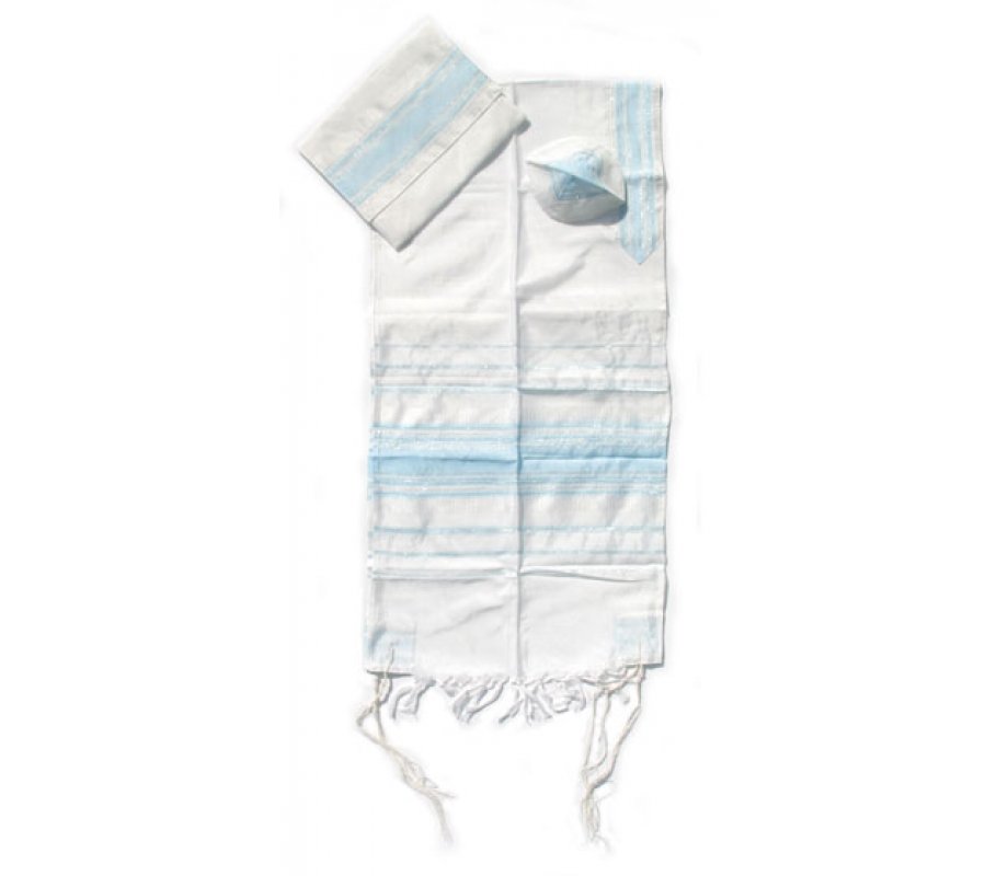Gabrieli Handwoven White Silk Tallit Set - Light Blue Stripes