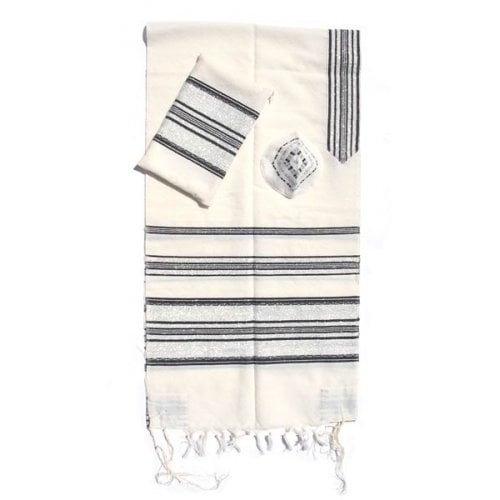 Gabrieli Handwoven White Wool Tallit Set - Black Stripes