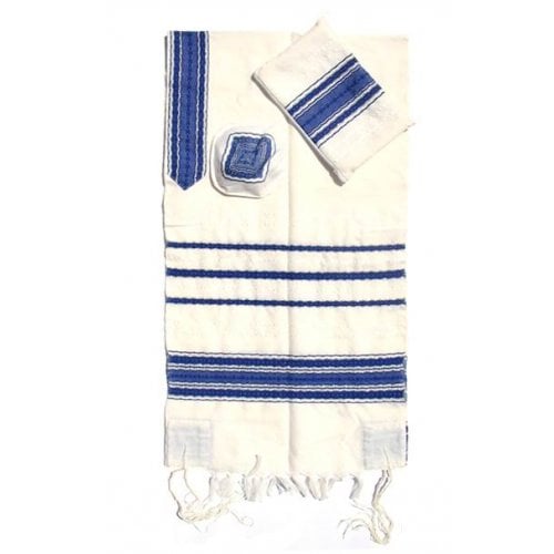 Gabrieli Handwoven White Wool Tallit Set - White with Blue Stripes