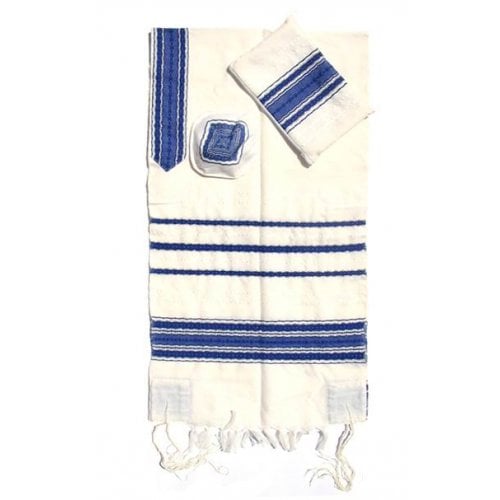 Gabrieli Handwoven white Wool Tallit Set - White with Blue Stripes