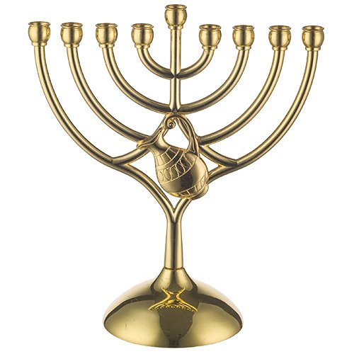 Gleaming Gold Chanukah Menorah, Curved Branches with Attached Small Jug - 7
