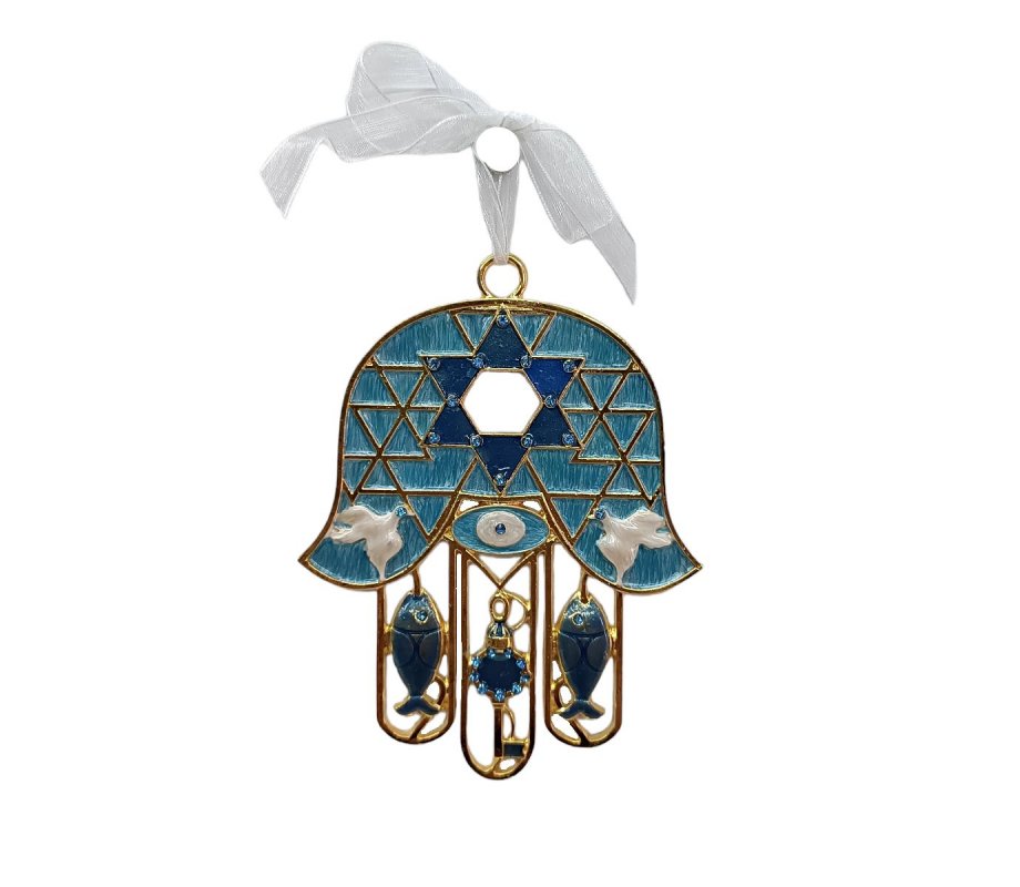 Gleaming Hamsa Wall Hanging, Fish & Key Dove & Star of David – Choice of Colors