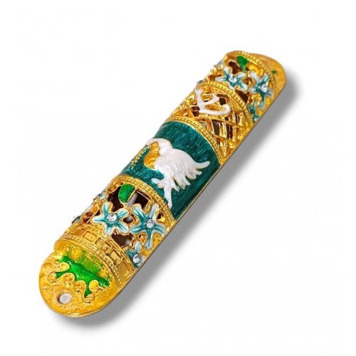 Gleaming Mezuzah Case, Dove of Peace - Gold and Green with Crystals