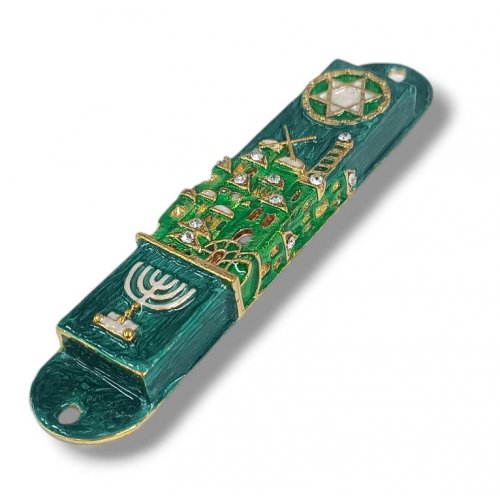 Gleaming Mezuzah Case, Jerusalem with Menorah and Star of David - Green and Gold