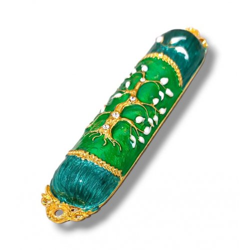 Gleaming Mezuzah Case, Tree of Life with Pomegranates - Gold, Shades of Green