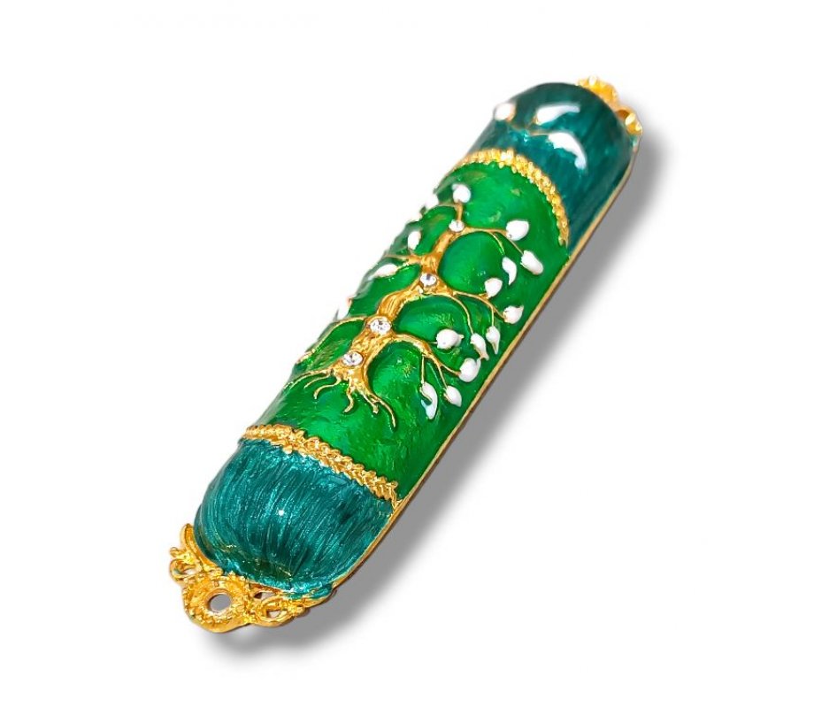 Gleaming Mezuzah Case, Tree of Life with Pomegranates - Gold, Shades of Green