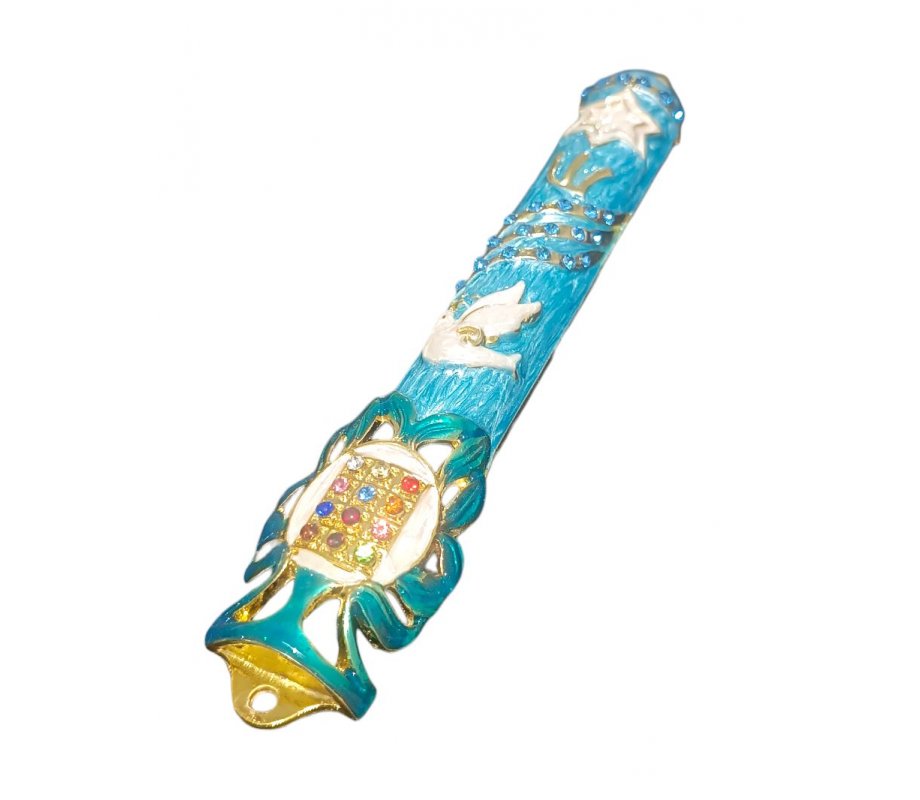Gleaming Mezuzah Case with Dove, Breastplate and Star of David - Choice of Colors