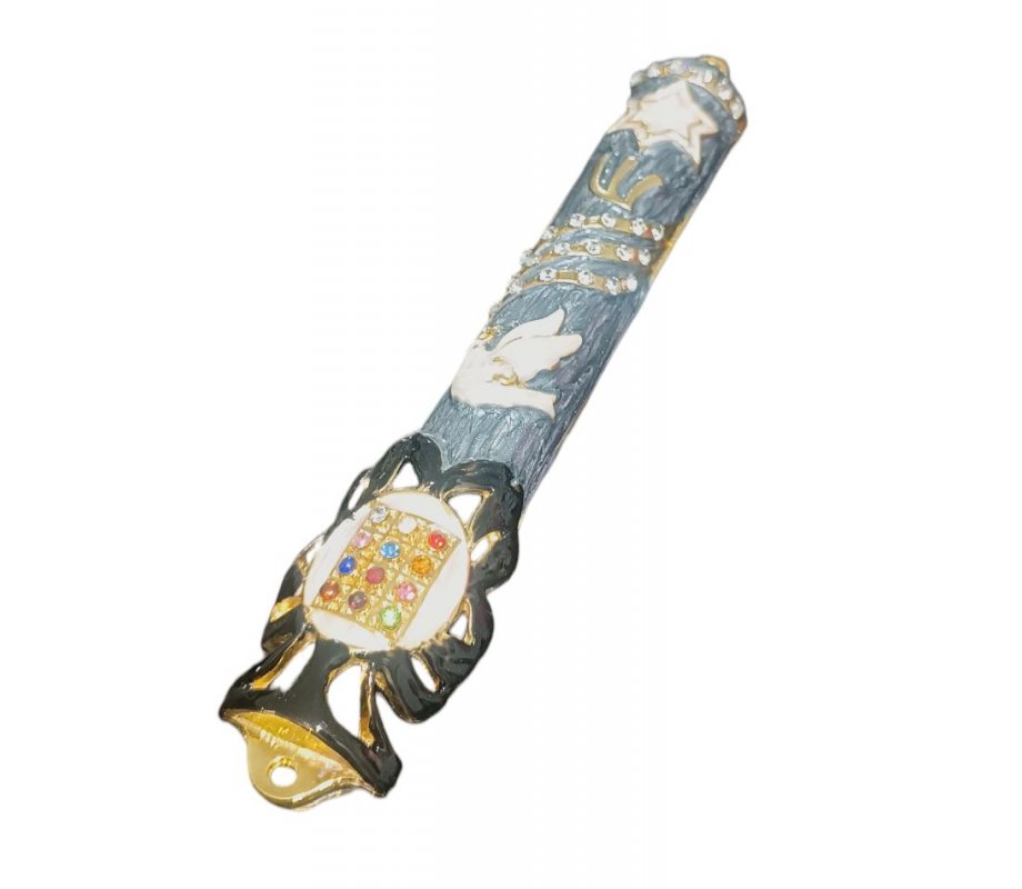 Gleaming Mezuzah Case with Dove, Breastplate and Star of David - Choice of Colors
