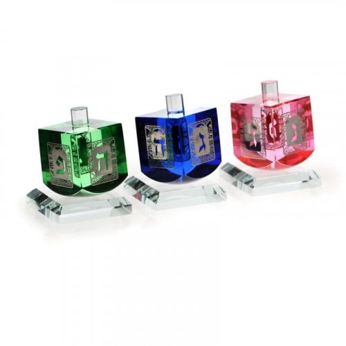 Gleaming Three Colorful Crystal Magic NO-FALL Dreidel Set - with Dreidel Letters