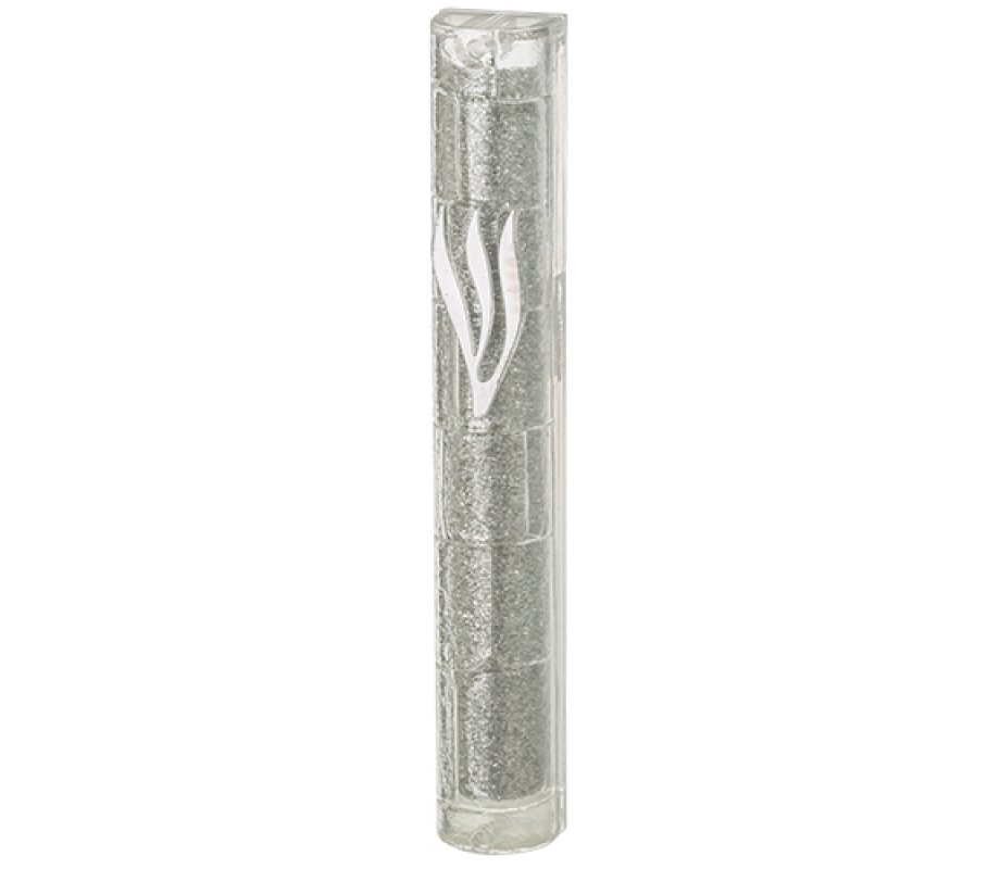 Glittering Metal Look Plastic Mezuzah Case with Western Wall Image – Silver Shin