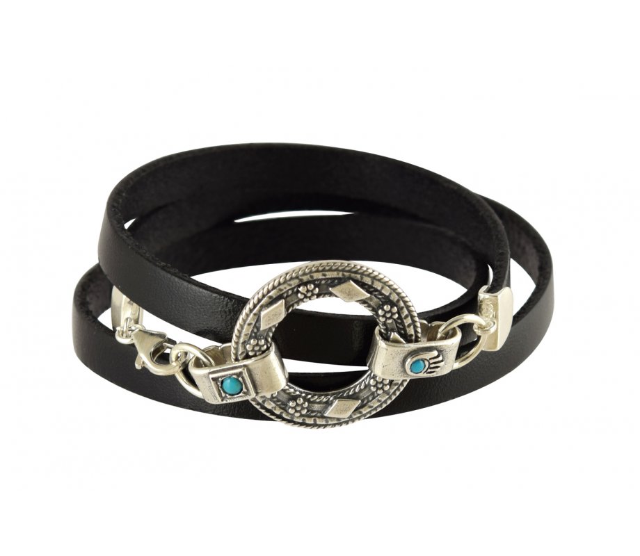 Golan Leather Triple-Wrap Men Bracelet Silver Hamsa & Hebrew Aaron Blessing