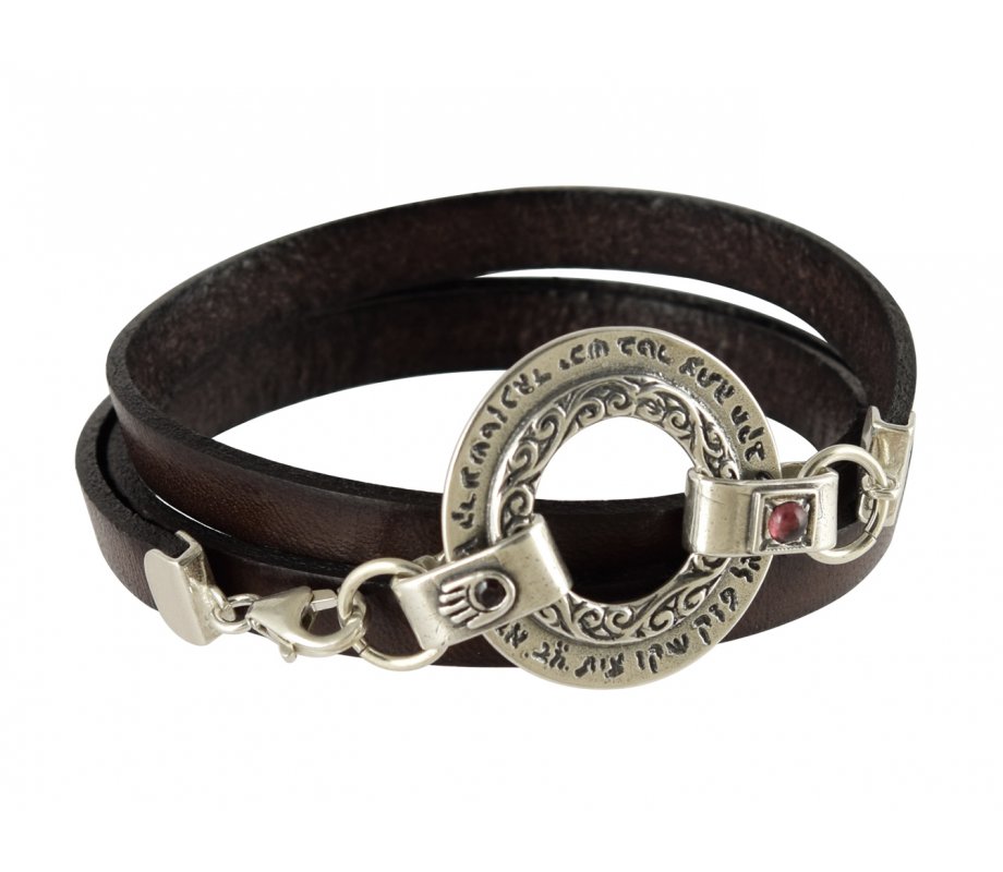 Golan Men Triple Wrap Leather Bracelet with Silver Ana Bekoach Aaron Blessing