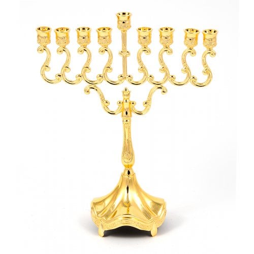Gold Chanukah Menorah on Stem, Scroll Design - 8 Inches Height