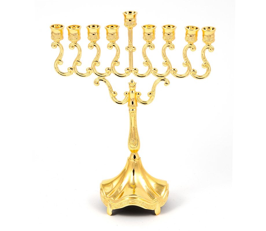 Gold Chanukah Menorah on Stem, Scroll Design - 8 Inches Height