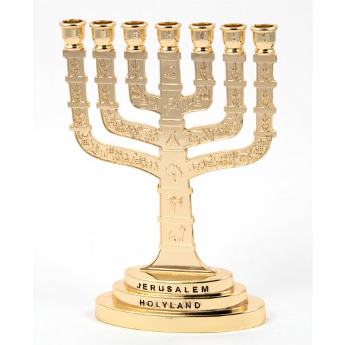 Gold Color 7-Branch Menorah with Breastplate and Twelve Tribes