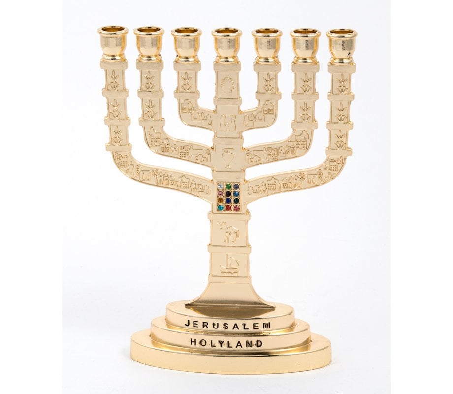 Gold Color 7-Branch Menorah with Breastplate and Twelve Tribes
