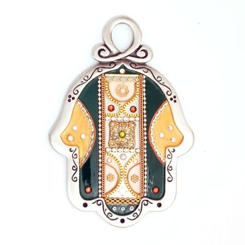 Gold Color and Green Wall Hamsa by Ester Shahaf